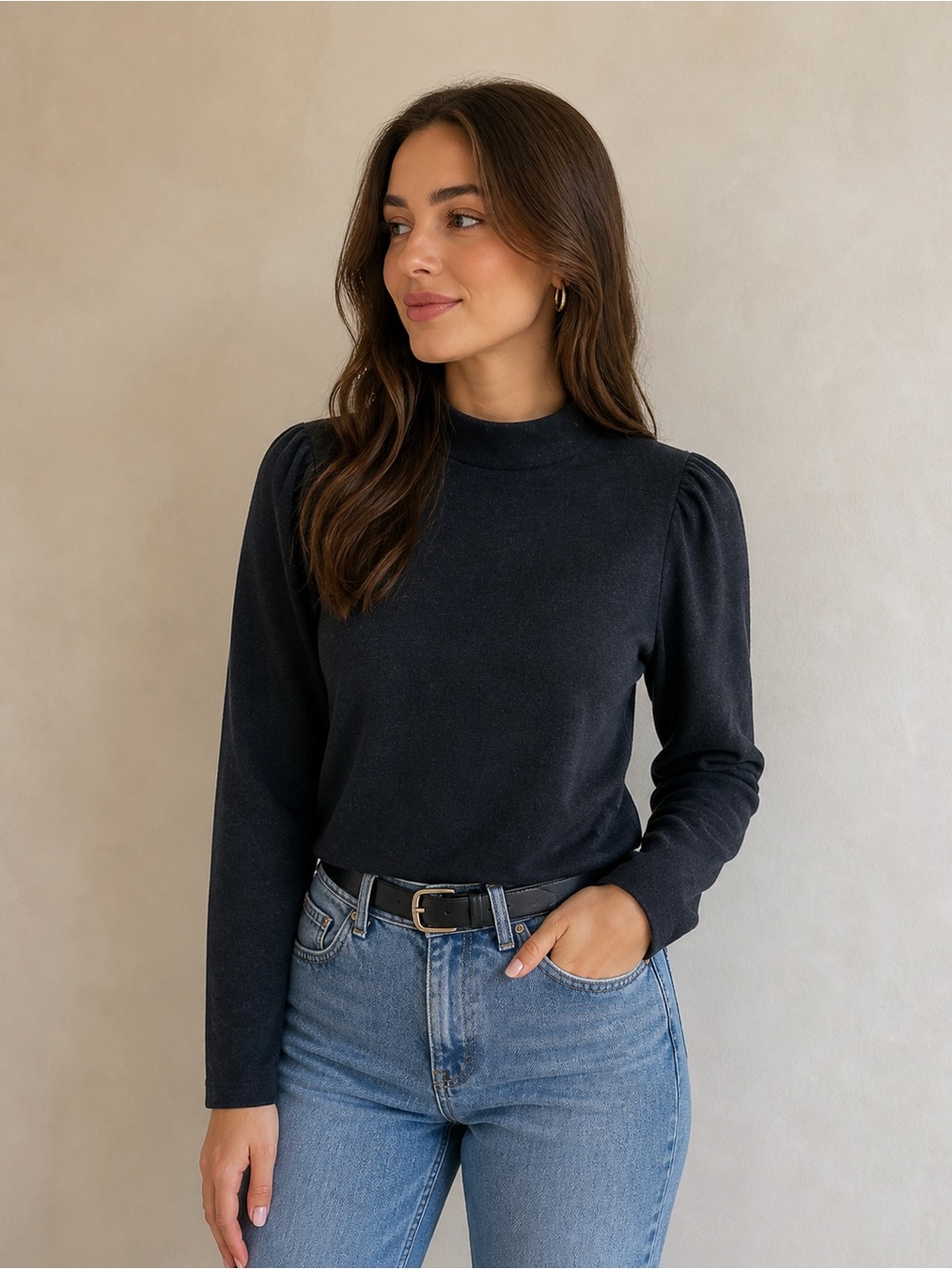 Madewell Gray Mock Neck Sweater Women’s Size M Puff Sleeve Soft Knit Minimalist